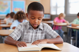 Elementary student engrossed in a chapter book during independent reading time