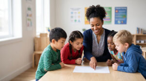 Teacher Guiding Children During a Collaborative Lesson
